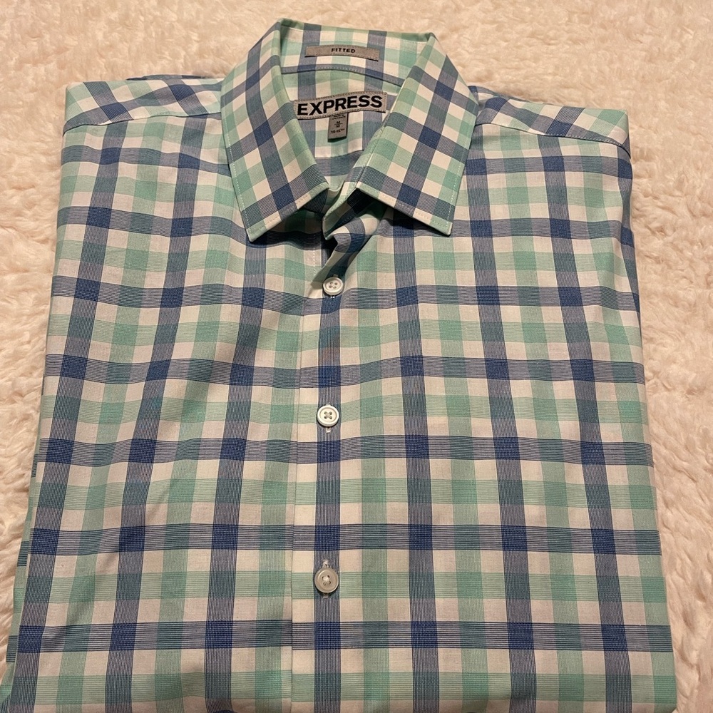 Express Men's Blue and Green Plaid Shirt